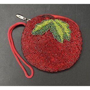 Lady Jade Designs Beaded Coin Purse Red Apple With Leaves Made In USA READ